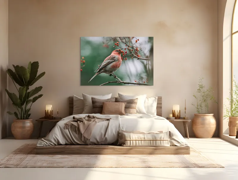 Tablou Canvas, "Pasărea roșcată pe ramură înflorită", Pasăre, Ramură, Flori, Natură, Penaj, Roz, Beak, Frunziș, Perching, Wild., 150 x 100 cm – poza 4