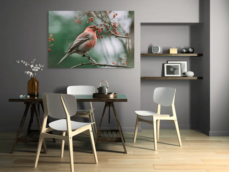 Tablou Canvas, "Pasărea roșcată pe ramură înflorită", Pasăre, Ramură, Flori, Natură, Penaj, Roz, Beak, Frunziș, Perching, Wild., 150 x 100 cm – poza 5
