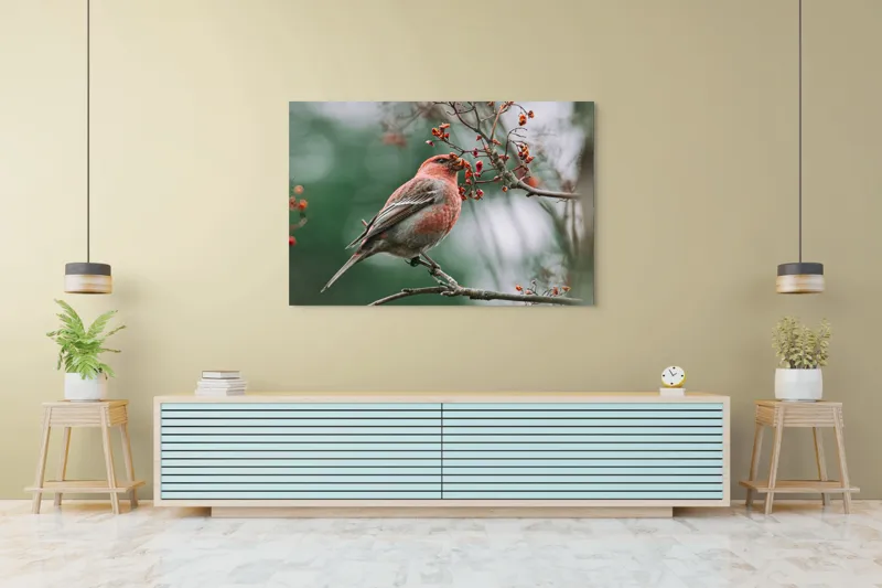 Tablou Canvas, "Pasărea roșcată pe ramură înflorită", Pasăre, Ramură, Flori, Natură, Penaj, Roz, Beak, Frunziș, Perching, Wild., 150 x 100 cm – poza 6