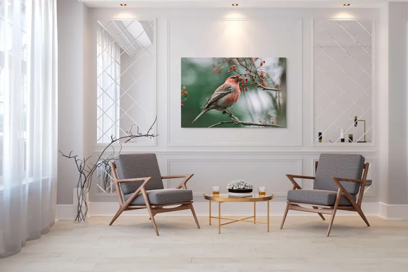 Tablou Canvas, "Pasărea roșcată pe ramură înflorită", Pasăre, Ramură, Flori, Natură, Penaj, Roz, Beak, Frunziș, Perching, Wild., 150 x 100 cm – poza 7