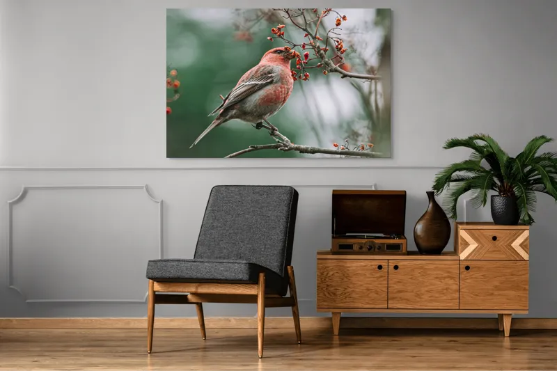 Tablou Canvas, "Pasărea roșcată pe ramură înflorită", Pasăre, Ramură, Flori, Natură, Penaj, Roz, Beak, Frunziș, Perching, Wild., 150 x 100 cm – poza 8