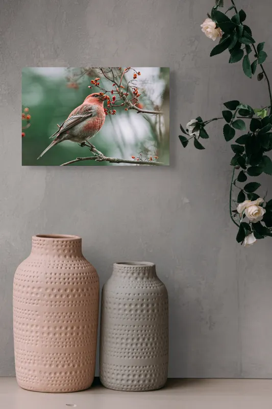 Tablou Canvas, "Pasărea roșcată pe ramură înflorită", Pasăre, Ramură, Flori, Natură, Penaj, Roz, Beak, Frunziș, Perching, Wild., 39 x 26 cm – poza 4