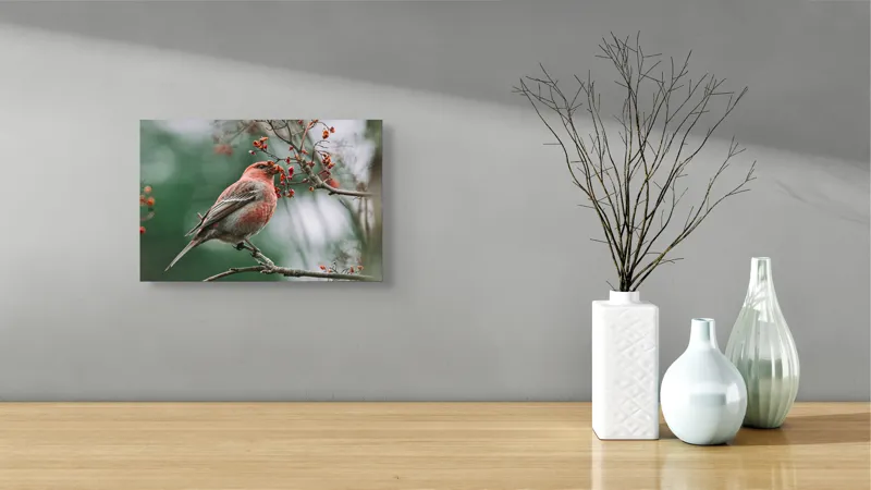 Tablou Canvas, "Pasărea roșcată pe ramură înflorită", Pasăre, Ramură, Flori, Natură, Penaj, Roz, Beak, Frunziș, Perching, Wild., 39 x 26 cm – poza 8