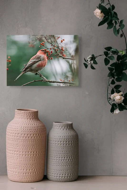 Tablou Canvas, "Pasărea roșcată pe ramură înflorită", Pasăre, Ramură, Flori, Natură, Penaj, Roz, Beak, Frunziș, Perching, Wild., 54 x 39 cm – poza 8