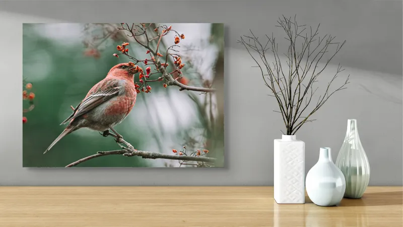 Tablou Canvas, "Pasărea roșcată pe ramură înflorită", Pasăre, Ramură, Flori, Natură, Penaj, Roz, Beak, Frunziș, Perching, Wild., 70 x 50 cm – poza 3