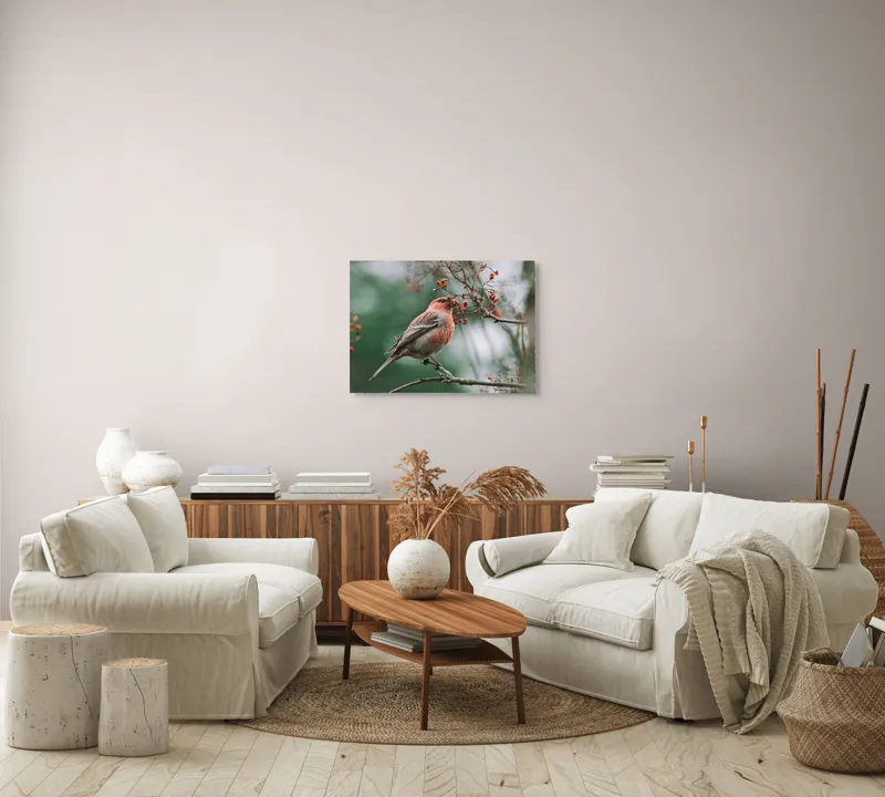 Tablou Canvas, "Pasărea roșcată pe ramură înflorită", Pasăre, Ramură, Flori, Natură, Penaj, Roz, Beak, Frunziș, Perching, Wild., 70 x 50 cm – poza 6