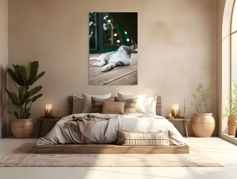 Tablou Canvas, "Răsfățul unei după-amiezi liniștite", Pisică, Relaxare, Plăcere, Natură, Lumină, Fericire, Lemn, Repaus, 100 x 150 cm – poza 3