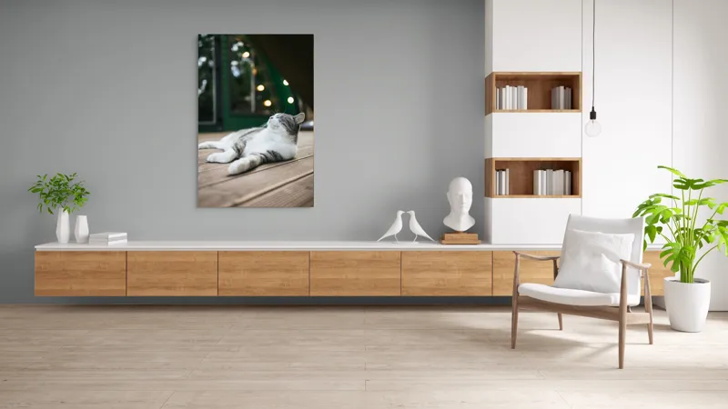 Tablou Canvas, "Răsfățul unei după-amiezi liniștite", Pisică, Relaxare, Plăcere, Natură, Lumină, Fericire, Lemn, Repaus, 100 x 150 cm – poza 8