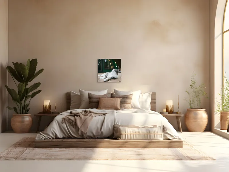 Tablou Canvas, "Răsfățul unei după-amiezi liniștite", Pisică, Relaxare, Plăcere, Natură, Lumină, Fericire, Lemn, Repaus, 50 x 50 cm – poza 5