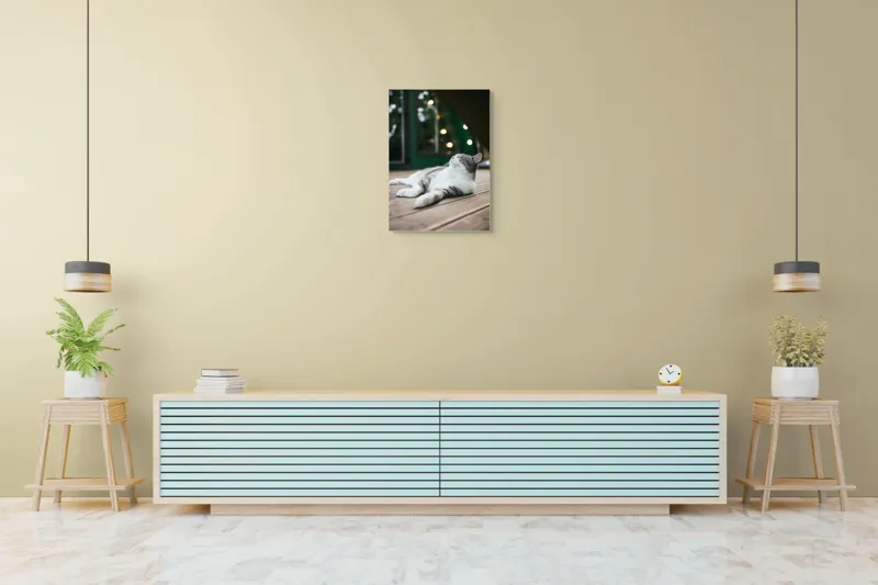 Tablou Canvas, "Răsfățul unei după-amiezi liniștite", Pisică, Relaxare, Plăcere, Natură, Lumină, Fericire, Lemn, Repaus, 50 x 70 cm – poza 6