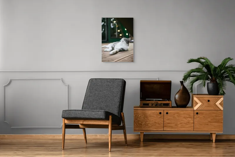Tablou Canvas, "Răsfățul unei după-amiezi liniștite", Pisică, Relaxare, Plăcere, Natură, Lumină, Fericire, Lemn, Repaus, 50 x 70 cm – poza 8