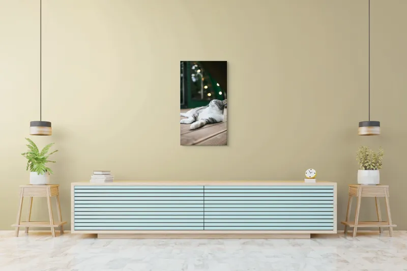 Tablou Canvas, "Răsfățul unei după-amiezi liniștite", Pisică, Relaxare, Plăcere, Natură, Lumină, Fericire, Lemn, Repaus, 50 x 90 cm – poza 6