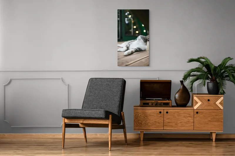 Tablou Canvas, "Răsfățul unei după-amiezi liniștite", Pisică, Relaxare, Plăcere, Natură, Lumină, Fericire, Lemn, Repaus, 50 x 90 cm – poza 8