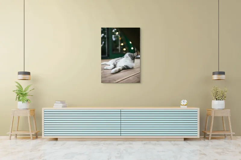 Tablou Canvas, "Răsfățul unei după-amiezi liniștite", Pisică, Relaxare, Plăcere, Natură, Lumină, Fericire, Lemn, Repaus, 70 x 100 cm – poza 5