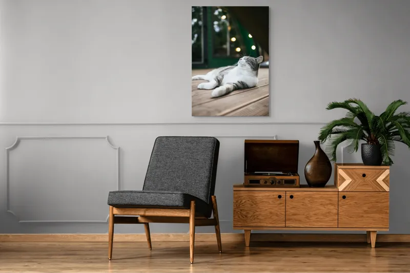 Tablou Canvas, "Răsfățul unei după-amiezi liniștite", Pisică, Relaxare, Plăcere, Natură, Lumină, Fericire, Lemn, Repaus, 70 x 100 cm – poza 6