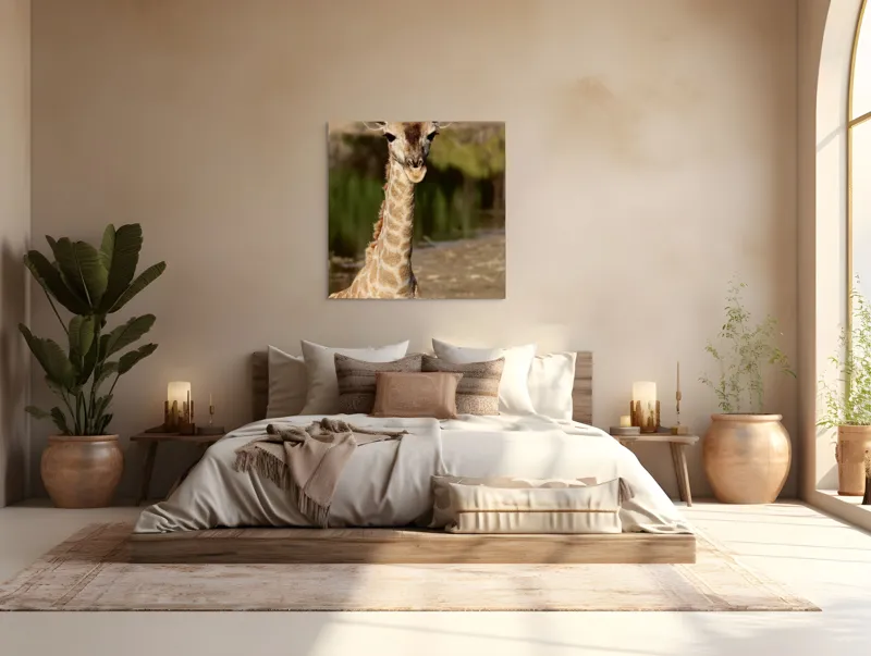 Tablou Canvas, "Puiul de girafă în sălbăticie", Gingășie, Grație, Eleganță, Natură, Serenitate, Splendoare, Viu, Liniște, 100 x 100 cm – poza 4