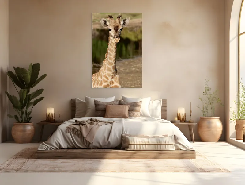 Tablou Canvas, "Puiul de girafă în sălbăticie", Gingășie, Grație, Eleganță, Natură, Serenitate, Splendoare, Viu, Liniște, 100 x 150 cm – poza 3