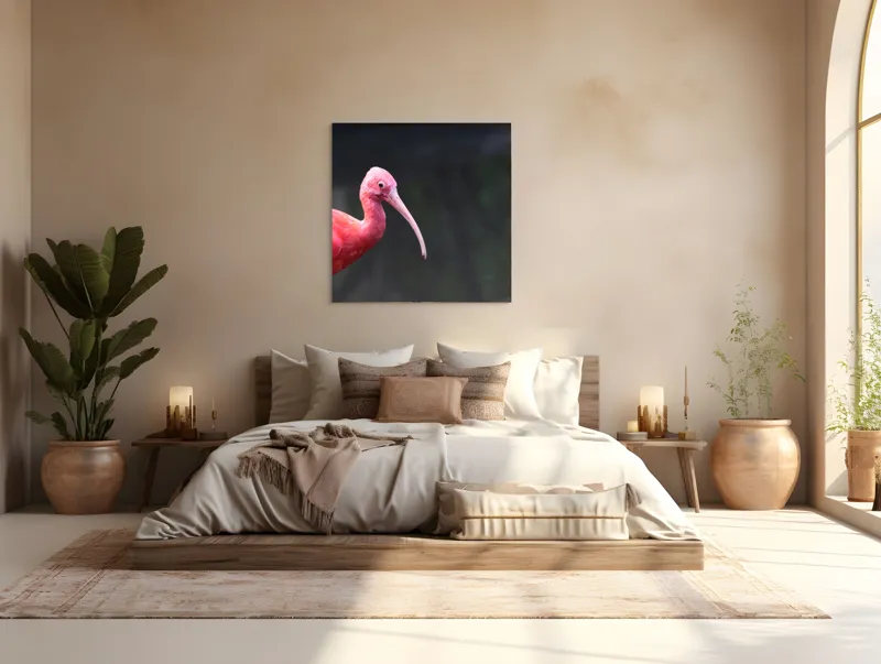 Tablou Canvas, "Pasărea roșie în contemplare liniștită", Roșu, Ibis, Penaj, Cioc, Elegant, Contrast, Natură, Frumusețe., 100 x 100 cm – poza 4