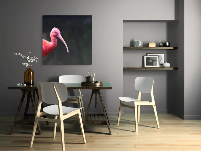 Tablou Canvas, "Pasărea roșie în contemplare liniștită", Roșu, Ibis, Penaj, Cioc, Elegant, Contrast, Natură, Frumusețe., 100 x 100 cm – poza 6