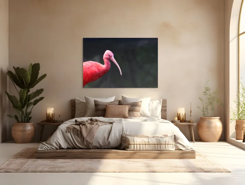 Tablou Canvas, "Pasărea roșie în contemplare liniștită", Roșu, Ibis, Penaj, Cioc, Elegant, Contrast, Natură, Frumusețe., 150 x 100 cm – poza 4