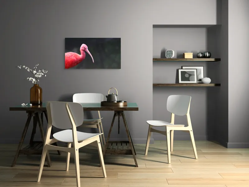 Tablou Canvas, "Pasărea roșie în contemplare liniștită", Roșu, Ibis, Penaj, Cioc, Elegant, Contrast, Natură, Frumusețe., 90 x 50 cm – poza 3