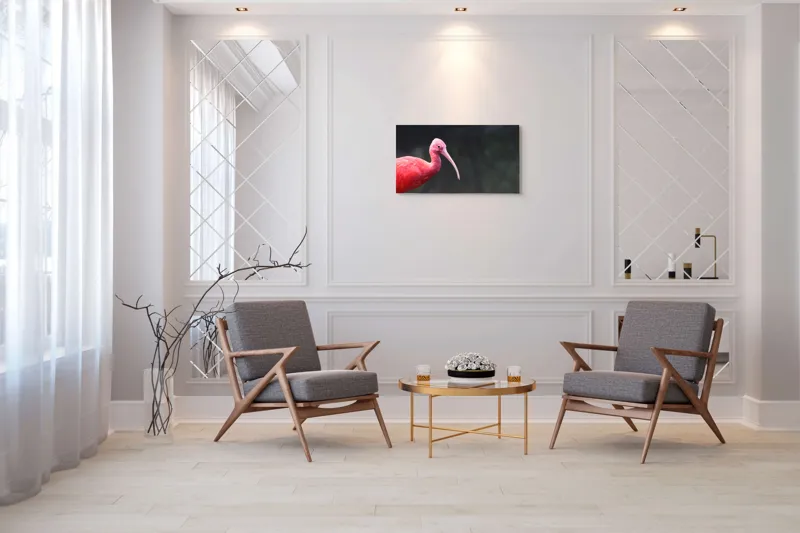 Tablou Canvas, "Pasărea roșie în contemplare liniștită", Roșu, Ibis, Penaj, Cioc, Elegant, Contrast, Natură, Frumusețe., 90 x 50 cm – poza 7