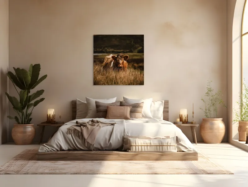 Tablou Canvas, "Vaca rătăcită printre dealuri verzi", Vacă, Pășune, Pământ, Câmpie, Coline, Natură, Blană, Iarbă, Rural, Peisaj, 100 x 100 cm – poza 4
