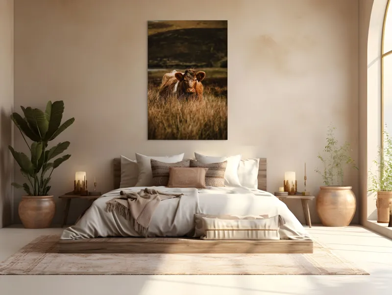 Tablou Canvas, "Vaca rătăcită printre dealuri verzi", Vacă, Pășune, Pământ, Câmpie, Coline, Natură, Blană, Iarbă, Rural, Peisaj, 100 x 150 cm – poza 3