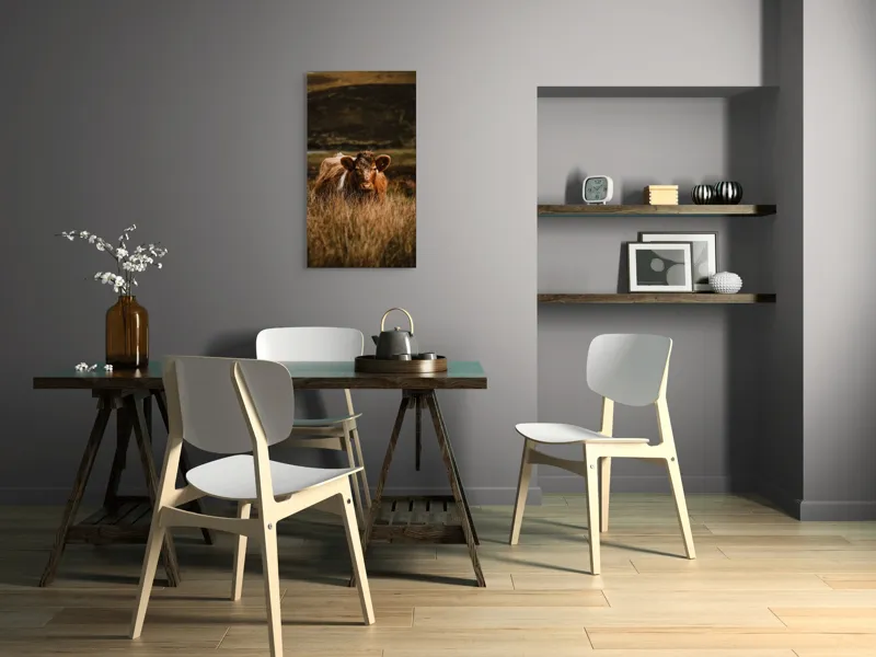 Tablou Canvas, "Vaca rătăcită printre dealuri verzi", Vacă, Pășune, Pământ, Câmpie, Coline, Natură, Blană, Iarbă, Rural, Peisaj, 50 x 90 cm – poza 4