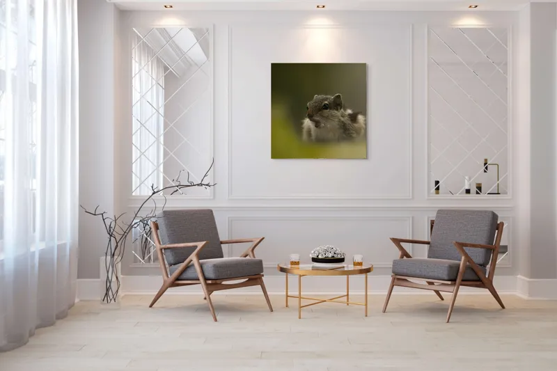 Tablou Canvas, "Pârșul surprins în mijlocul poveștii", Veveriță, Alertă, Blană, Ochi, Natură, Verde, Curiozitate, Whisper, 100 x 100 cm – poza 7