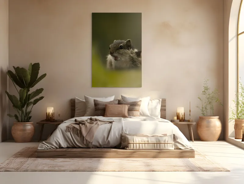 Tablou Canvas, "Pârșul surprins în mijlocul poveștii", Veveriță, Alertă, Blană, Ochi, Natură, Verde, Curiozitate, Whisper, 100 x 150 cm – poza 3