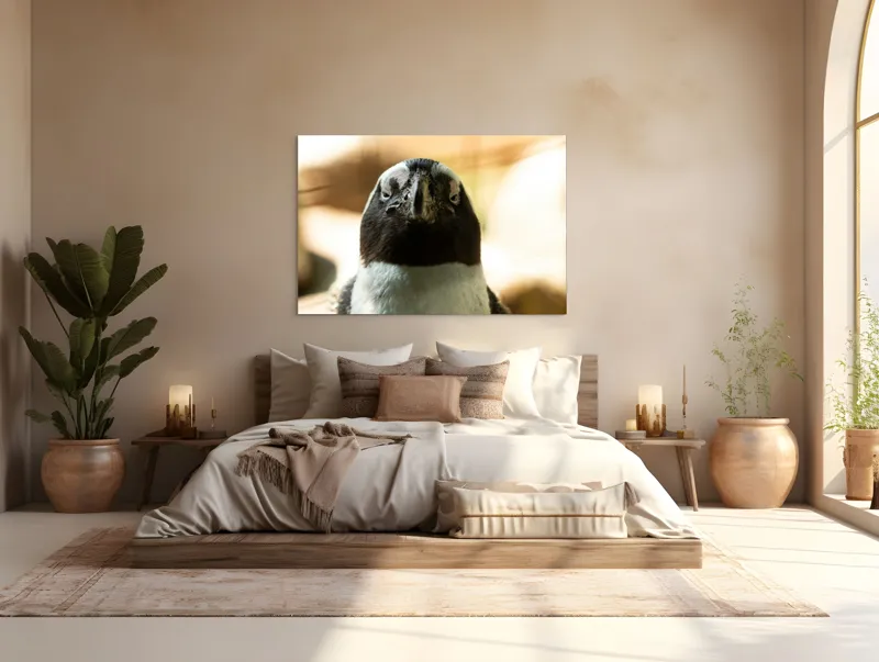 Tablou Canvas, "Privirea enigmatică a pinguinului african", Pingvin, Privire, Amuzant, Pene, Ochi, Apropiere, Contrast, Natural, Blana, Calm., 150 x 100 cm – poza 4