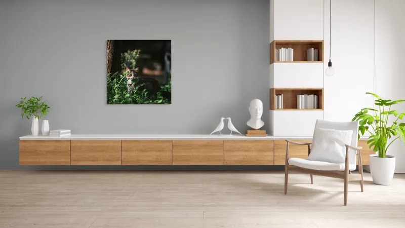 Tablou Canvas, "Motan ascuns între frunze verzi", Pisică, Gălbui, Vegetație, Umbre, Tufișuri, Curiozitate, Noapte, Mister., 100 x 100 cm – poza 8