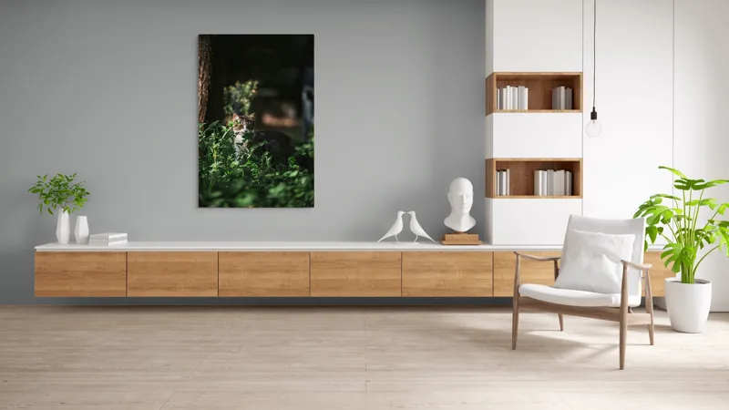 Tablou Canvas, "Motan ascuns între frunze verzi", Pisică, Gălbui, Vegetație, Umbre, Tufișuri, Curiozitate, Noapte, Mister., 100 x 150 cm – poza 8