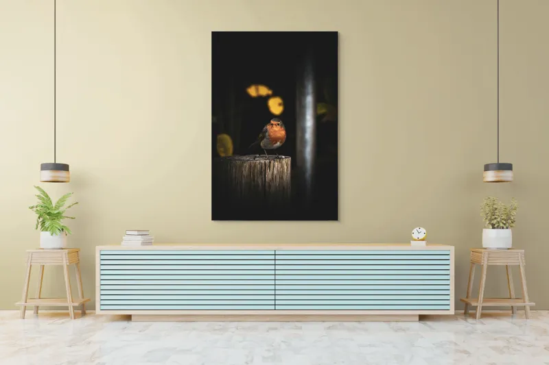 Tablou Canvas, "Mierla pe stâlp în amurg", Pasăre, Roșie, Lemn, Întuneric, Frunze, Natură, Lumină, 100 x 150 cm – poza 4
