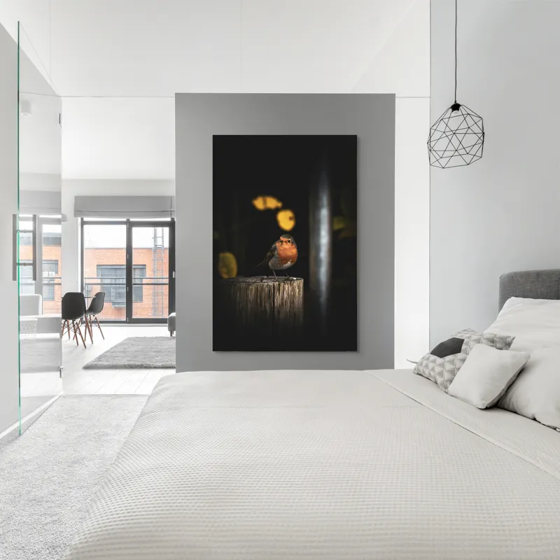 Tablou Canvas, "Mierla pe stâlp în amurg", Pasăre, Roșie, Lemn, Întuneric, Frunze, Natură, Lumină, 100 x 150 cm – poza 5
