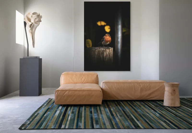 Tablou Canvas, "Mierla pe stâlp în amurg", Pasăre, Roșie, Lemn, Întuneric, Frunze, Natură, Lumină, 100 x 150 cm – poza 7