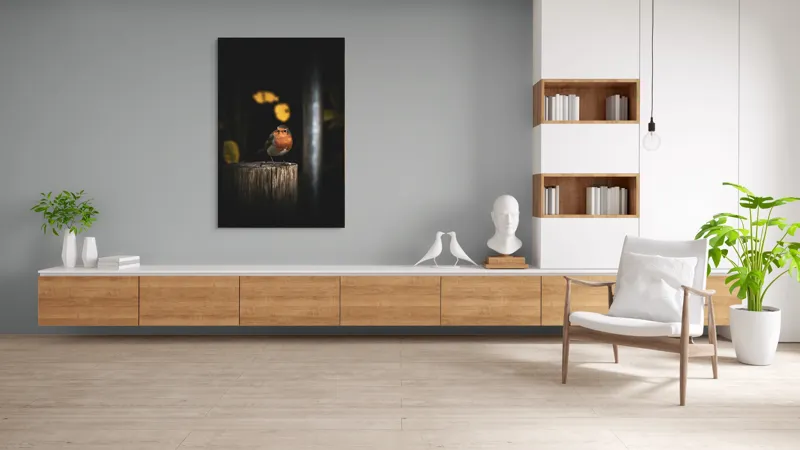 Tablou Canvas, "Mierla pe stâlp în amurg", Pasăre, Roșie, Lemn, Întuneric, Frunze, Natură, Lumină, 100 x 150 cm – poza 8