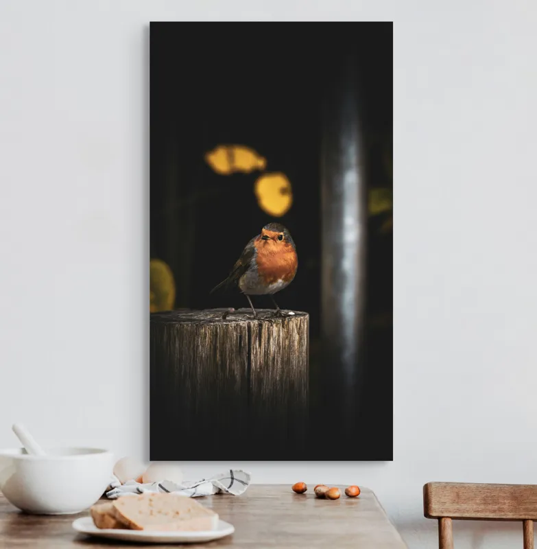 Tablou Canvas, "Mierla pe stâlp în amurg", Pasăre, Roșie, Lemn, Întuneric, Frunze, Natură, Lumină, 50 x 90 cm – poza 3