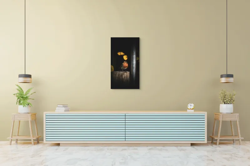 Tablou Canvas, "Mierla pe stâlp în amurg", Pasăre, Roșie, Lemn, Întuneric, Frunze, Natură, Lumină, 50 x 90 cm – poza 6