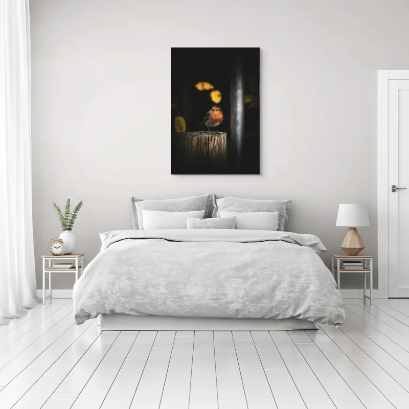 Tablou Canvas, "Mierla pe stâlp în amurg", Pasăre, Roșie, Lemn, Întuneric, Frunze, Natură, Lumină, 70 x 100 cm – poza 3