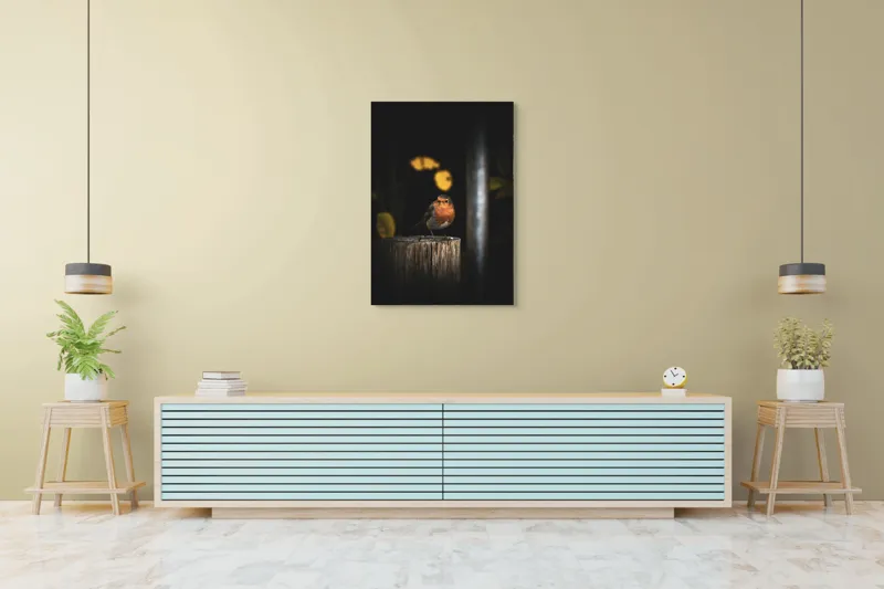 Tablou Canvas, "Mierla pe stâlp în amurg", Pasăre, Roșie, Lemn, Întuneric, Frunze, Natură, Lumină, 70 x 100 cm – poza 5