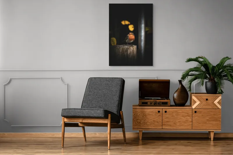 Tablou Canvas, "Mierla pe stâlp în amurg", Pasăre, Roșie, Lemn, Întuneric, Frunze, Natură, Lumină, 70 x 100 cm – poza 6