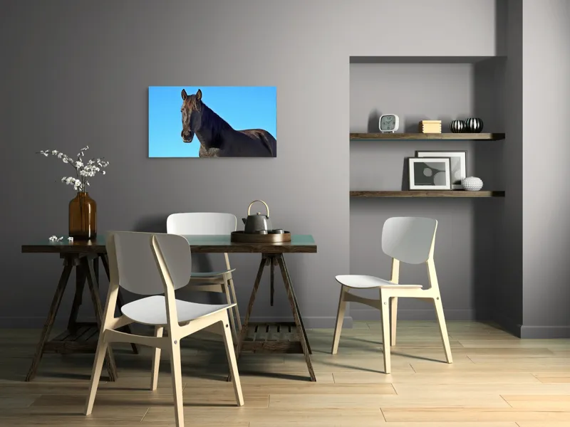 Tablou Canvas, "Calul negru în lumina soarelui", Cal, Negru, Cer, Soare, Liber, Grațios, Puternic, Frumos, Majestuos, Vifor, 90 x 50 cm – poza 3