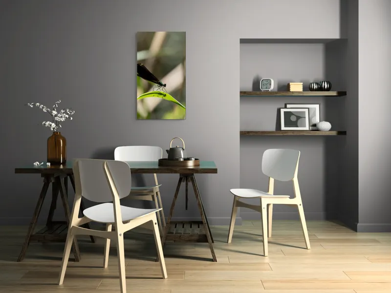 Tablou Canvas, "Libelula odihnindu-se pe frunză verde", Libelulă, Frunză, Umbră, Natură, Verde, Zburătoare, Delicatețe, Antene., 50 x 90 cm – poza 4
