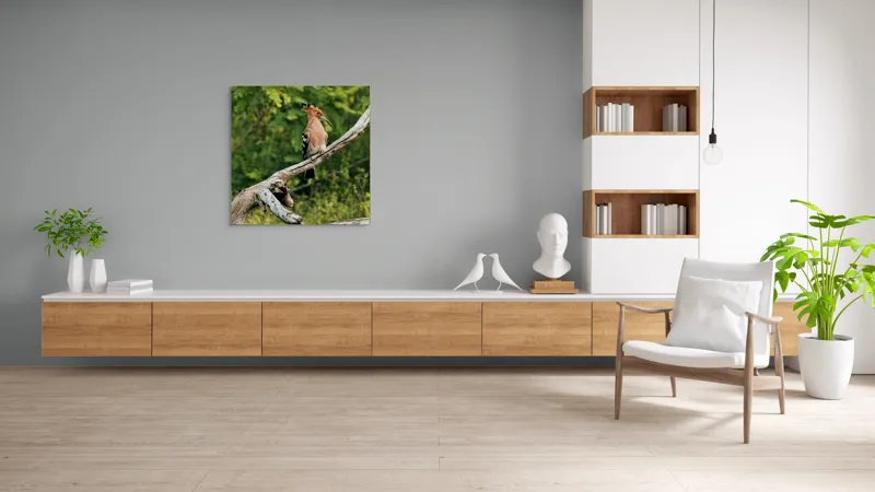 Tablou Canvas, "Vioiciunea culorilor în natură", Pasăre, Creastă, Bej, Cioc Lung, Ramură, Vegetație, Natură., 100 x 100 cm – poza 8