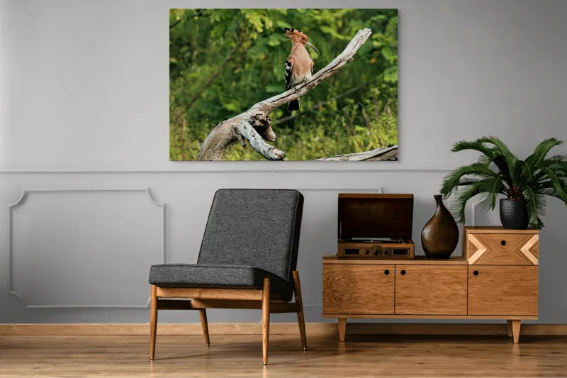 Tablou Canvas, "Vioiciunea culorilor în natură", Pasăre, Creastă, Bej, Cioc Lung, Ramură, Vegetație, Natură., 150 x 100 cm – poza 8