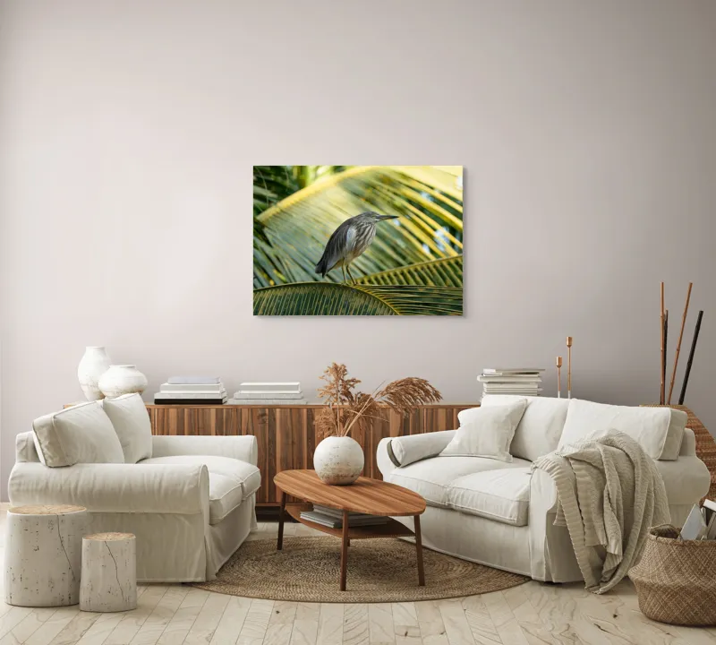 Tablou Canvas, "Egreta pe frunza de palmier", Pasăre, Palmier, Penaj, Verde, Natură, Lumina, Aripi, Tropical., 100 x 70 cm – poza 3
