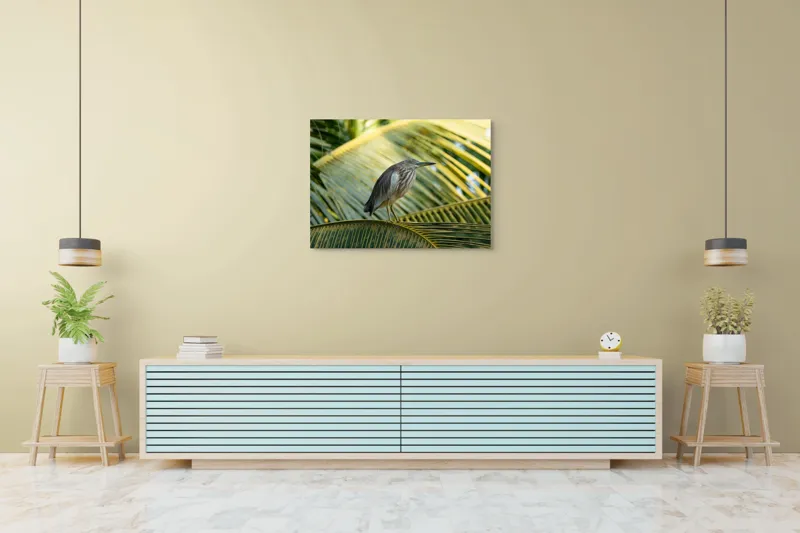 Tablou Canvas, "Egreta pe frunza de palmier", Pasăre, Palmier, Penaj, Verde, Natură, Lumina, Aripi, Tropical., 100 x 70 cm – poza 4