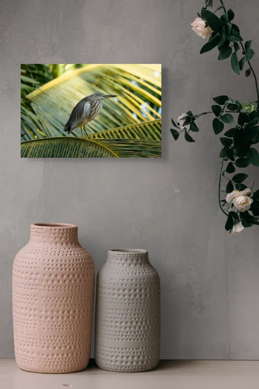 Tablou Canvas, "Egreta pe frunza de palmier", Pasăre, Palmier, Penaj, Verde, Natură, Lumina, Aripi, Tropical., 39 x 26 cm – poza 4